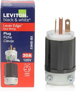 Leviton Lever Edge 20 Amp 125 Volt Straight Blade Plug, NEMA 5-20P, 2P, 3W, Industrial Grade, 5366E, Black & White