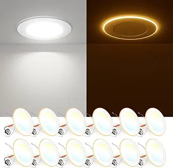 FREELICHT 12 Pack 5/6 Inch 5CCT LED Recessed Can Light with Night Light, 2700K/3000K/4000K/5000K/6000K Selectable Flat Recessed Lighting, 10W=110W, 1000LM, Dimmable Retrofit - ETL & FCC