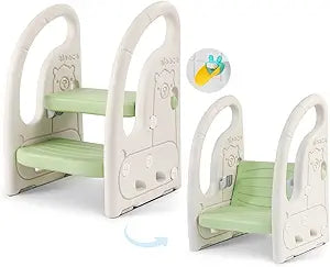 Onasti Toddler Step Stool for Bathroom Sink, Adjustable 2 Step Stop for Kids with Handles, Toilet Stool Potty Training, Plastic Ladder Toddler Helper Stool for Bedroom Kitchen Counter Green White