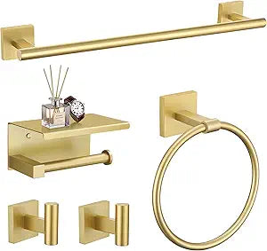 TURS 5-Pieces Brushed Gold Bathroom Hardware Set 23.6 Inch SUS304 Stainless Steel Towel Bar Set Wall Mounted Square Toilet Paper Holder with Shelf