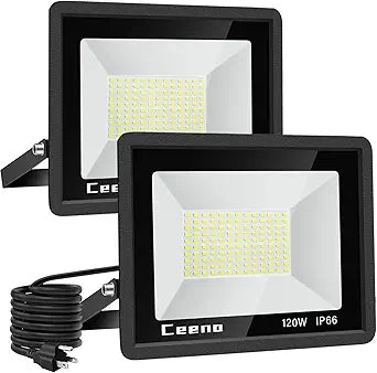 Ceena 2 Pack 120W Plug in LED Flood Light Outdoor, 12000lm Super Bright Floodlight with Switch and 5.9FT Wire, IP66 Waterproof 6000K LED Work Lights for Backyard, Workshop, Basketball Court