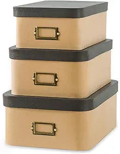 Soul & Lane Kraft Decorative Boxes with Buffalo Leather Lids - Set of 3, Cardboard Memory Boxes for Keepsakes with Bronze Label Holders, Perfect for Home and Office Decor and Organizing