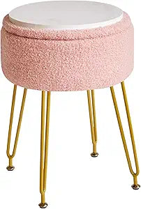 IBUYKE Teddy Velvet Storage Footrest Stool Ottoman, Makeup Vanity Stool Side Table with Removable Cover, Golden Steel Legs, Coffee Table Top Cover, Pink WBD010P