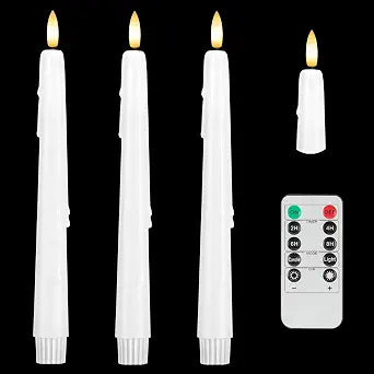 Dripless Flameless Taper Candles with Remote, Real Wax Battery Operated LED Candles Set with 3D Flickering Flame, 3Pcs White 9.6" Realistic Candlesticks as Mothers Day Gifts, Gifts for Mom
