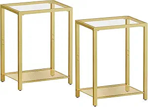 HOOBRO Set of 2 Side Tables, 2-Tier End Table, Nightstands for Tight Spaces, Tempered Glass Bedside Tables, Modern Metal Frame, for Office, Bedroom, Living Room, Study, Gold GD76BZP201