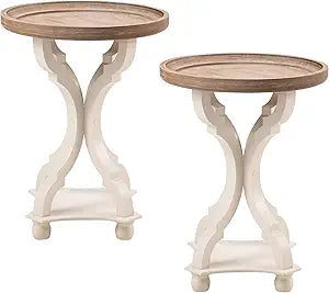 Set of 2 Rustic Farmhouse Cottagecore Accent End Table, Natural Tray Top Side Table Nightstand for Family, Dinning or Living Room, Handcrafted Finish, Modern, White (2 Pack)