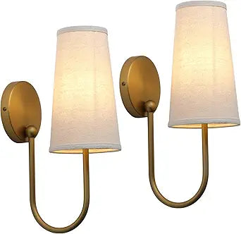 Pathson Set of 2 Linen Fabric Wall Sconces, Hardwired Curved Arm Bathroom Vanity Light with Cone Cloth Shade, Brass Indoor Wall Decor Lamp for Living Room, Kitchen, Bedroom, Foyer