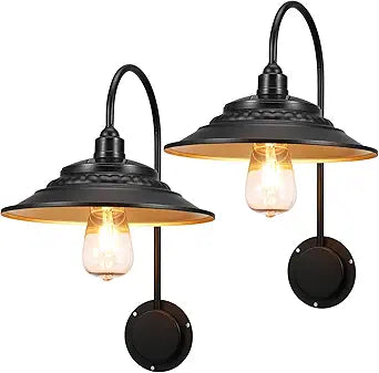 Solar Barn Lights Upgrade, 2PCS Waterproof Wall Light Fixture, Rustic Vintage Metal Gooseneck Solar Wall Mount Lights with Gold Interior, for Outdoor Barn Shed Garage Porch (Black)