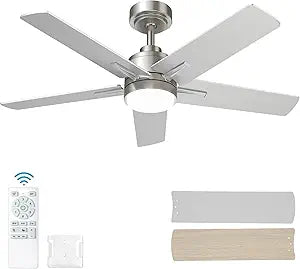 42 Inch Brushed Nickel Ceiling Fan with Light and Remote Control,Dimmable 3 Color Temperatures LED Ceiling Fan,6 Speeds Reversible DC Motor,5 Blades Modern Ceiling Fans for Indoor or Covered Outdoor