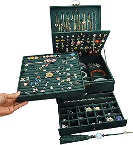 Jewelry Organizer 5 Layers Velvet Square Jewelry Box Women Necklace Ear studs Display Bangles Large Jewelry Storage Case Drawer GY306 (blackish green)