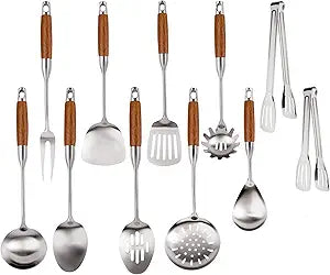 304 Stainless Steel Kitchen Utensils Set with Wooden Handle, 11 Pcs Long Heat Resistant Metal Cooking Utensils Set, Stainless Steel Cooking Utensils Set with Spatula, Turner, Solid and Slotted Spoon