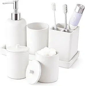 Resin 6 Pcs White Bathroom Set Complete with Toothbrush Holder, Lotion Soap Dispenser, 2 Qtip Holder Dispensers,Vanity Tray,Bathroom Tumbler - Countertop Vanity Organizer - Bathroom Accessories Set