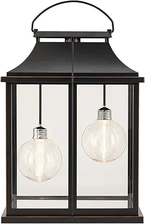 Modern Farmhouse Lanterns, Black Plastic Clear Glass Shade Lanterns Decor 3AA Battery Powered, with 2 G100 LED Vintage Bulbs & Timer(6/18),Ideal for Porch, Patio, Indoor Tables & Mantelpiece.