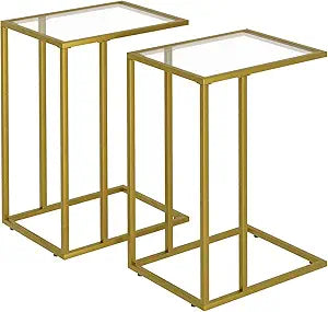 C Shaped End Side Table Set of 2,Couch Sofa Table for Small Space,Tempered Glass Snack Side Table with Metal Frame for Living Room, Bedroom, Bedside, Modern Style, Gold