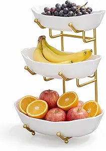 SANYOUNG 3 Tier Ceramic Fruit Bowl for Kitchen Counter - Tiered Fruit Basket with Gold Metal Stand, Elegant Produce Holder & Dessert Serving Trays for Party, Snacks, Bread (White/Gold)