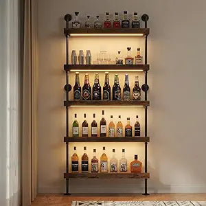 5-Tier Wall Mounted Wine Rack with LED, Industrial Pipe Bar Shelf for Wine Bottle Storage, Industrial Pipe Shelves Shelf Shelving for Home Bar Dining Room Kitchen (40INCH-LED)