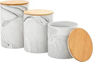 Farmlyn Creek Ceramic Jar Set - Airtight Wood Lids for Kitchen Countertop Jars - White Marble Ceramic Food Storage Containers with Lids - Coffee & Sugar Container Set - 5.9", 4.9", 3.9"