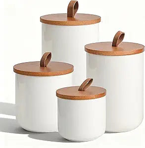 White Ceramic Canister Set with Bamboo Lids, 4-Piece Airtight Food Storage Jars for Kitchen  Flour, Sugar, Coffee, Tea, Spice  Smaller, Small, Medium, Large Sizes
