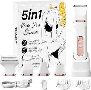 5-in-1 Bikini Trimmer for Women,Electric Shaver for Women,Electric Razor Body Hair Trimmer,Cordless Body & Facial Razors, Shaver, IPX7 Waterproof,with 5 Blades,USB Rechargeable���White