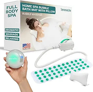SereneLife Bubble Bath Mat - Portable Spa Bubble Bath Massager with Waterproof Bath Light & Pillow, Adjustable Bubble Intensity, Easy Button Control, Remote Control