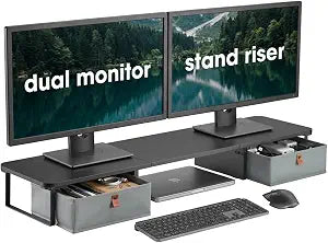 DuoStand Plus - 39 Dual Monitor Riser for Desk with 2 Drawers - Wood & Steel Double Monitor Stand with Storage - Desk Organizer Shelf for Desktop Computer, Laptop, TV & Printer (Matte Black)