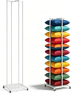 Pillow Storage Rack,77" Floor Standing Throw Pillow Storage,Sofa Couch Pillow Holder with Mobile Wheels,Decorative Pillow Display Stand for Bedroom,Living Room,School,Hotel,Mall (Height Adjustable)