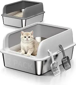 2 Pack Stainless Steel Cat Litter Box with Lid, High Sides Metal Litter Pan for Kittens & Small Cats, Odor Control, Easy to Clean, Non-Sticky, Scoops Included