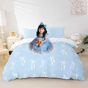Erosebridal Cute Ribbon Bowknot Bedding Set White Bows Comforter Set Full Blue Princess Bedding Comforter Sets for Kids Boys Girls Modern Simple Bow Knot Quilt Set Bedroom Decor
