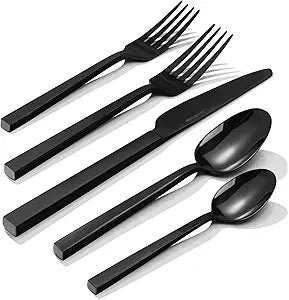 KINGSTONE Black Silverware Set, 20-Piece Flatware Cutlery Set Premium Stainless Steel, Service for 4, for Kitchen, Home, Wedding, Party, Mirror Polished and Dishwasher Safe