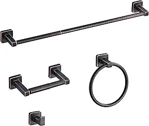 Bathroom Hardware Set 4 Pieces,Oil Rubbed Bronze Bathroom Accessories Set Stainless Steel Wall Mounted, Hand Towel Bar, Towel Ring, Robe Towel Hooks,Toilet Paper Holder,Towel Bar Set, 23.6 Inch