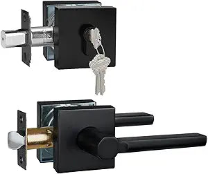 1 Set Passage Door Lever and Single Cylinder Deadbolt Lock Set, Heavy Duty Square Handle for Entrance and Front Door, Matte Black