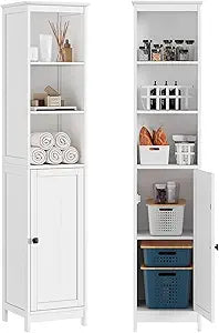 RRX Tall Bathroom Storage Cabinet,Slim Cabinet with Door &Shelf,13.8" L*12.6" W*63.4" H,Freestanding Narrow Cabinet with Anti-Tip,Storage for Kitchen,Entryway (Pure White)