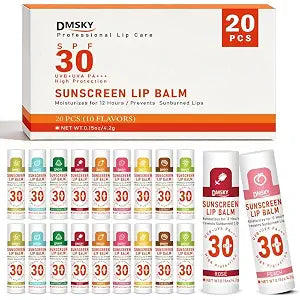 SPF 30 Sunscreen Lip Balm 20 Pack, Clear No White Cast, 10 Flavors