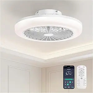 CACI Mall Bladeless Ceiling Fan with Light, Low Profile Flush Mount Modern White Smart Ceiling Fans with Remote, Dimmable LED Ceiling Fan for Bedroom Living Room Kids Room, 18 Inch