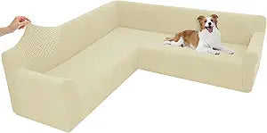 Arfntevss Stretch Sectional Couch Covers L Shaped Corner Sectional Sofa Cover Washable Jacquard Soft Fleece U Shape Sofa Slipcovers Anti Slip Furniture Protector for Dogs Pets (Small, Beige)