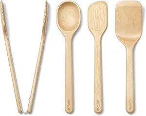 Caraway 4-Piece Mini Wooden Kitchen Utensils Set for Cooking, Serving, and Plating - Includes Mini Spoon, Scraper, Spatula, and Tongs