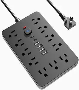 Surge Protector Power Strip 10 Ft Flat Extension Cord Black, 11AC Outlets, 4 USB and 2 USB C Ports, Chiefway Outlet Extender, Portable for Home Office Dorm Travel