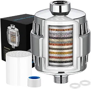 20 Stage Shower Filter Universal with Replaceable Water Filter,Bathroom shower filter head for hard water,Removing Chlorine and fluoride,Polished Chrome