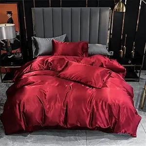 3 PCS Burgundy Red Satin Silky Duvet Cover Twin Size Bedding Set Luxury Silky Duvet Cover Sets Super Soft Solid Color 68"x90" Duvet Cover,2 Pillowcases(Twin,Burgundy Red)