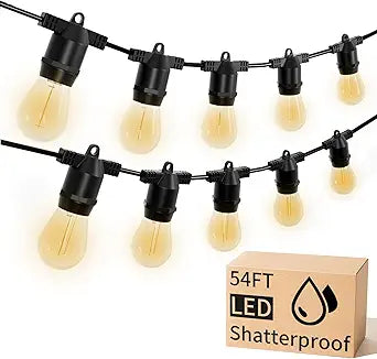 LED Outdoor String Lights, Shatterproof Waterproof 54Ft (Maximum 918Ft) Hanging Warm 2700K S14 Edison Bulbs Lighting for Patio Yard Porch Bistro Garden (54FT)