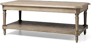 Maven Lane Pullman Large 2 Tier Traditional Rectangular Wooden Center Coffee Table with Shelf Storage in Rustic Antiqued Grey Finish