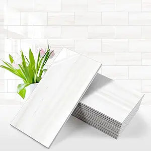 Vamos Tile 100-Piece Glossy Dolomite White Peel and Stick Backsplash Tile,3''x6'' PVC Subway Tile with White Grout, Stick on Backsplash for Kitchen/Bathroom/Fireplace