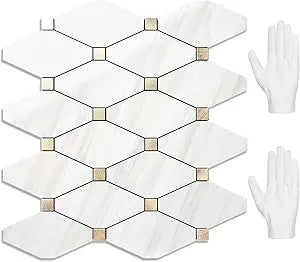 STICKGOO 10 Sheets Peel and Stick Backsplash, Polished Dolomite PVC Mixed Metal Gold Kitchen Backsplash, Stick on Backsplash Wall Tiles for Kitchen, Bathroom, RV