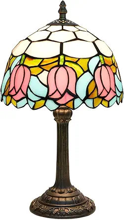 Tiffany Lamp Stained Glass lamp 8X8X14 Inches Small Bedside Table Lamps for Living Room Bedroom Dorm Kitchen Home Decor Festival Birthday Gift,8 inch Pink Tulip