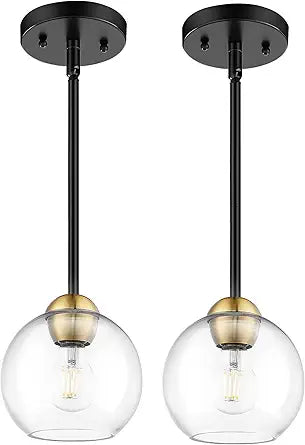 Emak 2 Pack Black and Gold Pendant Light Fixtures, Modern 7 Inch Globe Pendant Lights Kitchen Island with Clear Glass Shade, 1 Light Hanging Lights for Kitchen, Bedroom, Bathroom, PL119-BKBGD-2PK