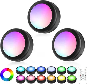 LED Puck Lights with Remote Control, Wireless Under Cabinet Lighting,Color Changing Lights with Dimmer and Timer, AAA Battery Operated Powered Push Night Lights (3 Pack Black)