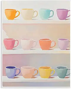 Pastel Teacups Kitchen, 11 x 14 Inch Mounted Print on Wall Plaque