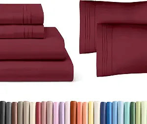 Burgundy 4-Piece Sheet Set & Pillowcase Bedding Bundle (Queen Size) - Complete Queen Sheet Set & 2 Pillowcases with Deep Pockets up to 16 inches - Hotel Luxury Quality - Soft, Breathable and Cooling