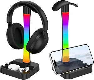 Headphone Stand with Charger,Gaming Headset stand with RGB Light Mode,For Airpod Max Stand,Desk Lamp,Phone Holder,Tablet Holder,desktop organizer,Gifts for Gamers & Music Lover(Black)