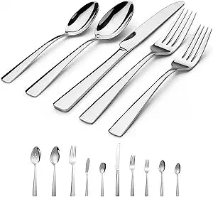 45-Piece Flatware Sets, Silverware Set for 8, Durable Stainless Steel Tableware in Ergonomic Design Size and Weight, Kitchen Utensils Set with Steak Knives, Rust-proof, Dishwasher Safe